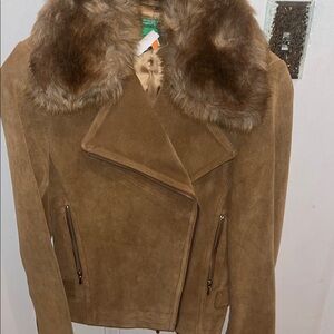 Women's Tan Suede Jacket with Faux Fur Collar